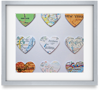 Your favourite locations, sourced and carefully extracted and cut into a heart. They are then mounted upon card to create a striking piece of artwork. 