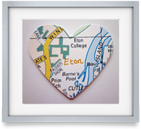 Your favourite locations, sourced and carefully extracted and cut into a heart. They are then mounted upon card to create a striking piece of artwork. 