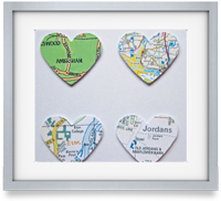 Your favourite locations, sourced and carefully extracted and cut into a heart. They are then mounted upon card to create a striking piece of artwork. 